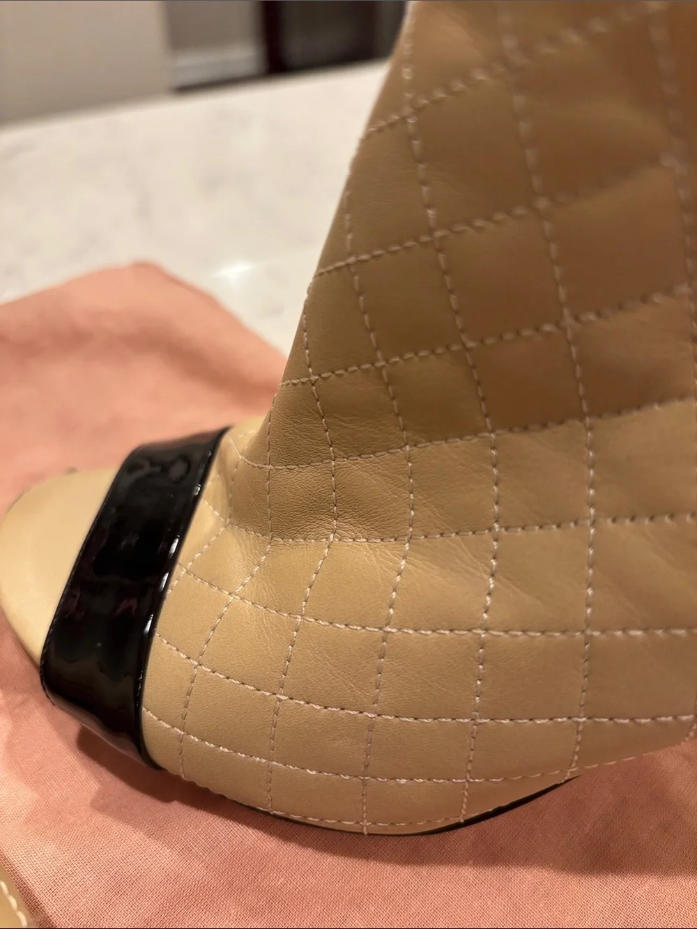 CHANEL Beige Quilted Peep-Toe Ankle Boots with Black Patent Trim